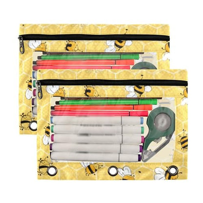 Kcldeci Pencil Pouch for 3 Ring Binder, Bees on The Honey Honeycombs 2 Pack Binder Pencil Pouch with Clear Window Pencil Bags with Zipper Pencil Case for Binder - color: B07