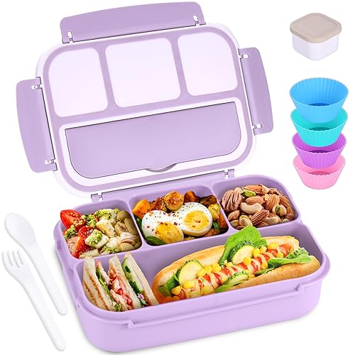 Bento Box Adult Lunch Box, Lunch Containers for Kids Girls Boys with 4 Compartments, Lunchable Food Container with Utensils, Sauce Jar, Muffin Liners, 40 Oz/5 Cup, Microwave Safe, Lavender - color: Lavender