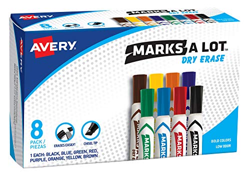Avery Marks A Lot Dry Erase Markers, Low Odor White Board Markers with Chisel Tip, 8 Assorted Colors (24411) - size: 1 Count (Pack of 1)