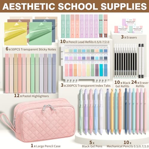 62PCS Aesthetic School Supplies with Cute Pencil Case, Pastel Highlighters Black Ink Gel Pens Mechanical Pencils Kit, Back to School Supplies College Essentials Preppy Stationary Set for Student Girls - color: Pink