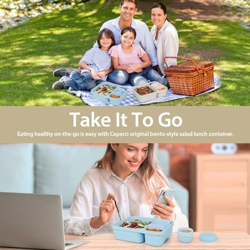 Caperci 2 Pack Salad Containers - Extra-Large 62 oz Bento Lunch Box for Adults, 2-Compartment Meal Prep Container with Removable Toppings Tray, Sauce Cup, Reusable Fork, BPA-Free (Blue & Tofu) - color: Light Blue & Tofu