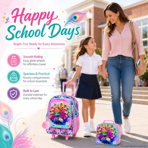 3Pcs Rolling Backpack for Girls, Kids Roller School Backpack with Wheels, Peacock Wheeled Bookbag for Elementary Preschool Kindergarten(Pink) - color: Peacock Pink