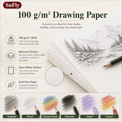 SuFly Sketch Book 9x12, Drawing Paper Pad-68lb/100gsm, Top Spiral Sketchbook Hardcover, 100 Sheets Sketch Pad for Kids Classroom Art Supplies for Adults-Sketchpad for Drawing, Illustration & Art Stuff