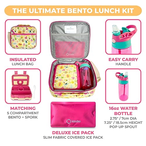 Bento Lunch Box with Insulated Bag, Water Bottle Ice Pack Set for Kids Toddlers, 5 Portion Sections, BPA Free Removable Tray, Pre-School Kid Toddler Daycare Lunches, Snack Container, Summer Set - color: Summer Set