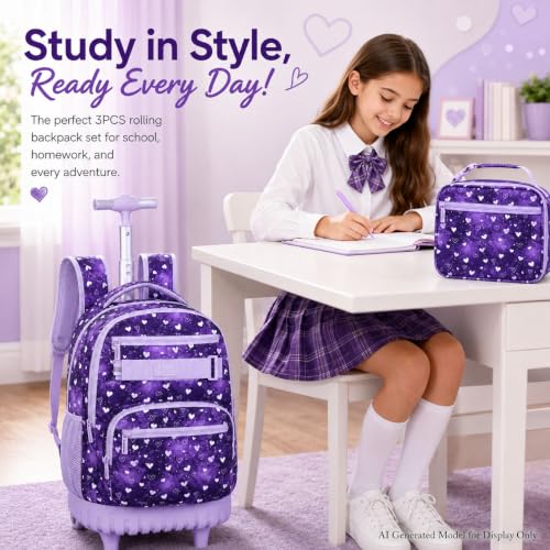 3Pcs Rolling Backpack for Girls, 19" Kids Wheeled Bookbag with Lunch Box, Roller Bag for Elementary Travel (Purple) - color: Starry Sky Purple