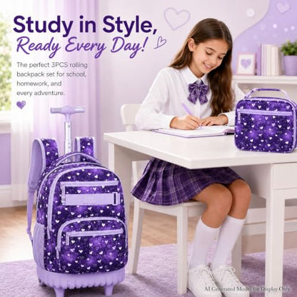 3Pcs Rolling Backpack for Girls, 19" Kids Wheeled Bookbag with Lunch Box, Roller Bag for Elementary Travel (Purple) - color: Starry Sky Purple
