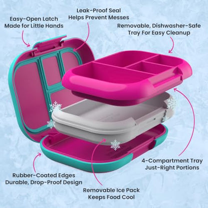 Bentgo Chill Kids Leakproof Lunch Box - 4-Compartment Bento Box with Built-In Ice Pack, 3.3 Cup Capacity, BPA-Free, Microwave & Dishwasher Safe Tray, Ages 3–7 (Fuchsia/Teal) - color: Fuchsia/Teal