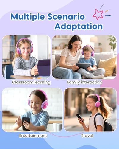 awatrue Kids Headphones, 74/85dB Safe Volume Limit, Stereo Sound, Wired On-Ear Headphones for Kids Boys Girls, 3.5mm Jack for Tablet, iPad, Kindle, YOTO Player, Airplane Travel, Pink - color: Pink-Purple