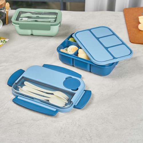 Restaurantware Bento Box 1 Count 44 Ounce Plastic Lunch Box With Cutlery, Leakproof Microwave-Safe Meal Prep Container Reusable Versatile Blue for Travel - size: 1 Count, style: 44 oz - Blue