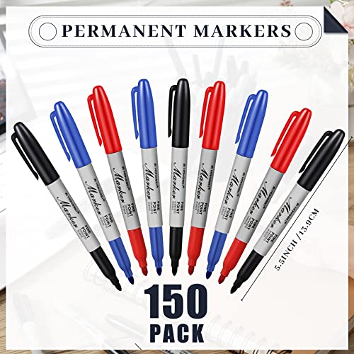 Yahenda 150 Pack Permanent Markers Bulk Black Blue Red Permanent Marker Set Fine Point Marker Pens Work on Wood, Metal, Stone, Glass Waterproof Quick Drying for Home School Office Supplies