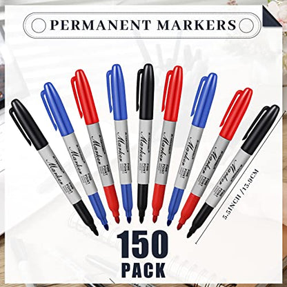 Yahenda 150 Pack Permanent Markers Bulk Black Blue Red Permanent Marker Set Fine Point Marker Pens Work on Wood, Metal, Stone, Glass Waterproof Quick Drying for Home School Office Supplies