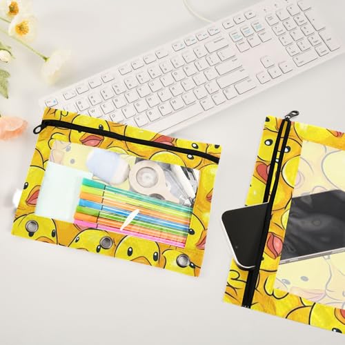Kcldeci Pencil Pouch for 3 Ring Binder, Cartoon Rubber Ducky 2 Pack Binder Pencil Pouch with Clear Window Pencil Bags with Zipper Pencil Case for Binder - color: A06