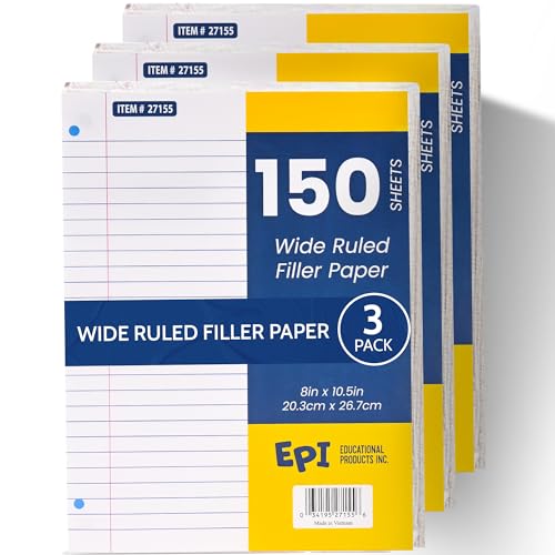 EPI Filler Paper | Wide Ruled | Loose Leaf, 3-Hole Punched, 10.5 x 8 in, 150 Sheets | School, Office, Notes, Binder Refill - 3 Pack - color: Wide Ruled, size: 3 Pack