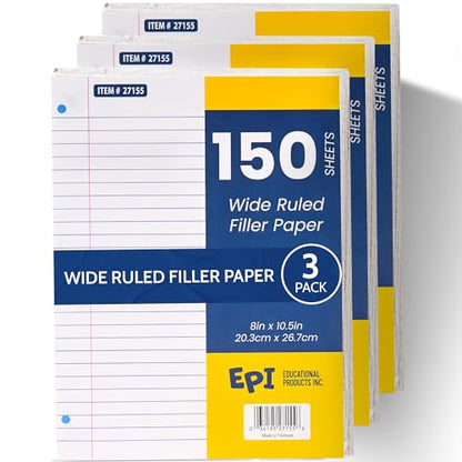 EPI Filler Paper | Wide Ruled | Loose Leaf, 3-Hole Punched, 10.5 x 8 in, 150 Sheets | School, Office, Notes, Binder Refill - 3 Pack - color: Wide Ruled, size: 3 Pack