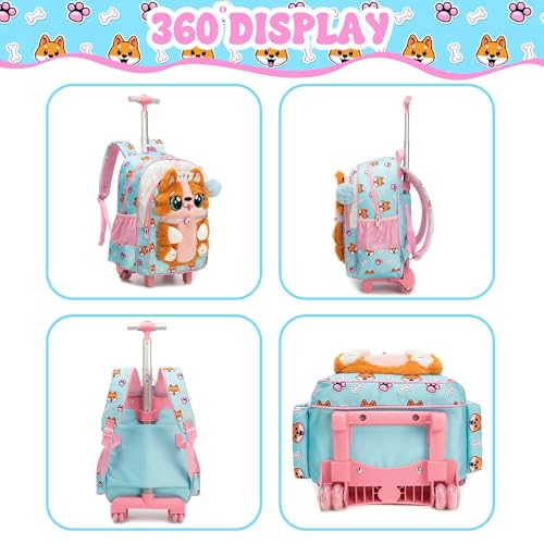 Cute Rolling Backpack for Girls,Lightweight Kids Backpack with Wheels,Wheeled School Bookbag with Pencil Case Lunch Box for Students - color: Orange Dog