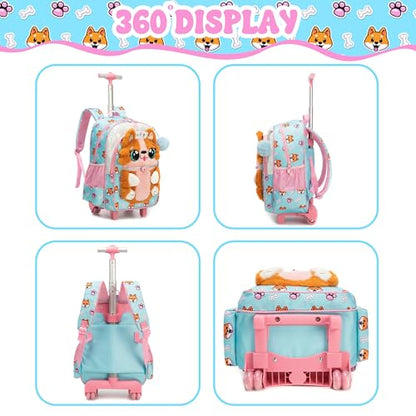 Cute Rolling Backpack for Girls,Lightweight Kids Backpack with Wheels,Wheeled School Bookbag with Pencil Case Lunch Box for Students - color: Orange Dog