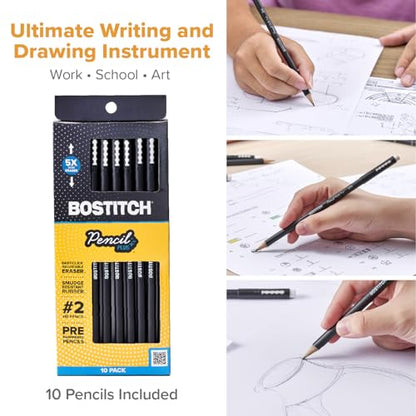 Bostitch, Wood-Cased Pencil Plus, Retractable Eraser, American Cedar Wood, #2 HB, Round, Matte Black, Pre-sharpened, Ten Pack - size: Ten Pack