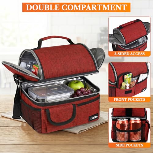 opux Insulated Lunch Bag Women Men, Dual Compartment Leakproof Lunch Box Adults Kids, Double Decker Meal Prep Bento Lunch Cooler Tote with Shoulder Strap for Work Office School Travel, Red - color: Heather Red