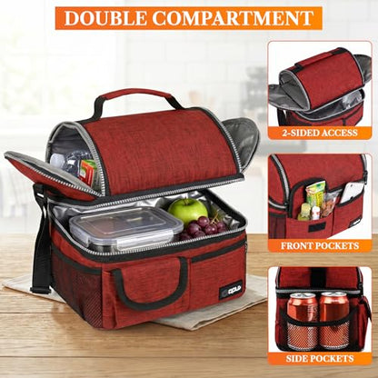 opux Insulated Lunch Bag Women Men, Dual Compartment Leakproof Lunch Box Adults Kids, Double Decker Meal Prep Bento Lunch Cooler Tote with Shoulder Strap for Work Office School Travel, Red - color: Heather Red