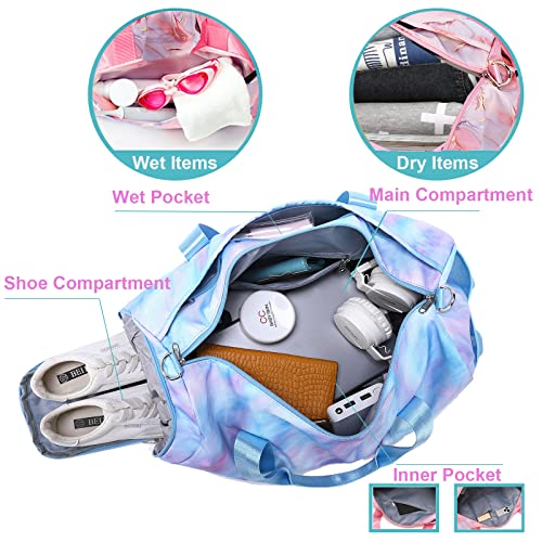 Jumpopack Dance Bag Girls Duffle Bags Teen Sports Gym Bags Weekender Sleepover Overnight Bag with Shoe Compartment and Wet Pocket - color: Purple Blue