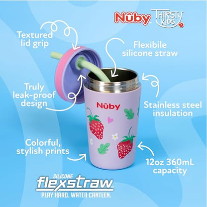 Nuby Thirsty Kids Insulated Toddler Cup with Silicone Flexstraw - 12 oz - Stainless Steel and Leak-Resistant - 18+ Months - Strawberries - color: Strawberries