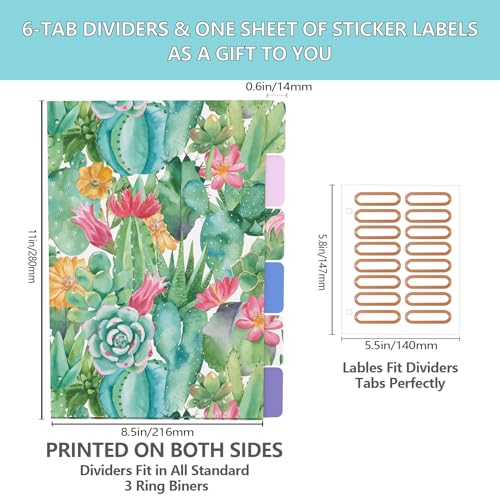 3 Ring Binder 2 Inch, Cute Round Ring Binders with 6 Tab Dividers, Labels Stickers, Low Profile Clipboard with Storage, Fashion Binder School Office Supplies(Cactus Flowers) - color: Cactus Flowers