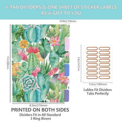 3 Ring Binder 2 Inch, Cute Round Ring Binders with 6 Tab Dividers, Labels Stickers, Low Profile Clipboard with Storage, Fashion Binder School Office Supplies(Cactus Flowers) - color: Cactus Flowers