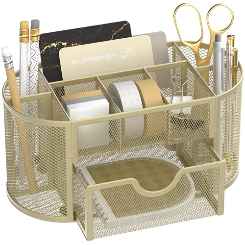 SUPEASY Mesh Desk Organizer, Desk Accessories & Workspace Organizers with Drawers, Pencil Holder for Desk with 9 Compartments for Office Suppliess, 8.6 x 4.3 x 4.1 Inch, Yellow - color: Yellow