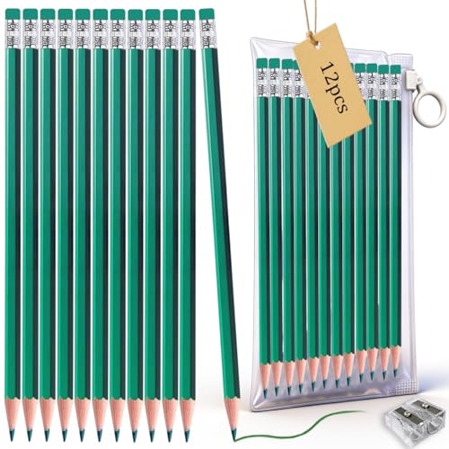 Adhere Green Colored pencils 12pcs Erasable Checking Pencils Pre-Sharpened #2 HB,for Checking Tests Grading,Map Coloring,editing Office Favors,including a Free sharpener - color: Green