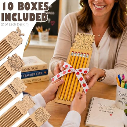 Marspark 71 Pcs/10 Sets Back to School Teacher Appreciation Gifts Bulk 10 Wooden Pencil Gift Boxes with 60 Pencils and Apple Ribbon First Day of School Teachers Thank You Gifts for Party Supplies