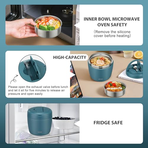 wiwens Thermo Food Jar for Hot Food Adults 32OZ Soup Thermo Lunch Containers Wide Mouth Vacuum Insulated Stainless Steel Leakproof Bento Box with Spoon (lake blue) - color: Lake Blue