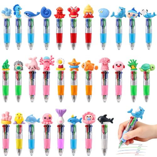 CZWZ 30Pcs Mini Multicolor Pens in One 4-in-1 Cute Pens Bulk for Kids, Ballpoint Pen for Birthdays and Parties, Fun Gifts Assorted Ink Kawaii Pen(Ocean Animals) - style: 30Pcs-Ocean Animals
