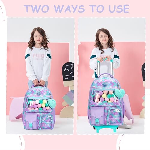 Cute Mermaid Rolling Backpacks with Wheels for Girls Aesthetic Rolling Backpack for Elementary with Lunch Box School Trolley Backpack for Girls School Supplies - color: Mermaid