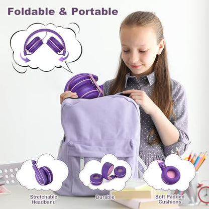 Kids Headphones, Wired Headphones for Kids On Ear with Microphone, 93dB Volume Limiter Headphone for Girls Boys, Foldable Lightweight Headphone for School Learning & Entertainment, Pink Purple - color: Pink Purple