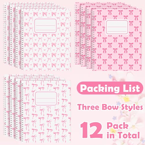 Jetec 12 Pack Pink Bow Composition Notebooks Preppy Cute Coquette Spiral Notebook 9-3/4 x 7-1/2 Inch College Ruled Hard Cover Journal Back to School Teacher Gifts Preppy School Supplies, 100 Pages - color: Pink