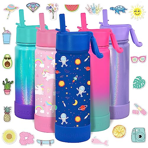 CHILLOUT LIFE 17oz Kids Insulated Stainless Steel Water Bottle with Leak Proof Straw Lid & 144 Stickers - color: Blue Space, style: 17 oz
