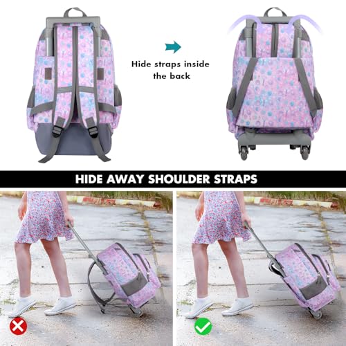 Tilami Rolling Backpack for Kids 18 Inch Double Handle Wheeled Bookbag for Boys & Girls for School & Travel,Pink shell - color: Pink Shell