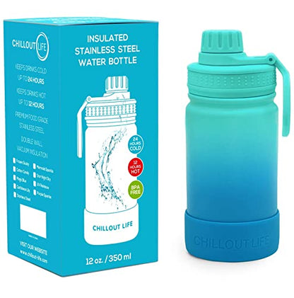 CHILLOUT LIFE 12oz Kids Insulated Stainless Steel Water Bottle with Leak Proof Spout Lid & 144 Stickers - color: Ocean Blue, style: 12 oz
