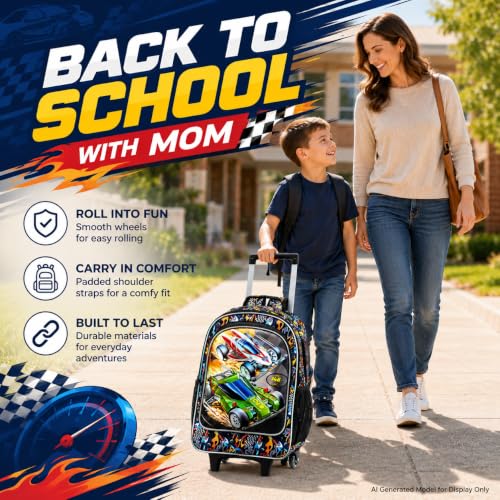 WZLVO 3PCS Kids Rolling Backpack, 18" Race Car Print Rolling Bookbag, Includes Matching Lunch Bag & Pencil Bag - Red Racing Speed - color: 3PCS Boys Rolling Backpack - Red Racing Speed