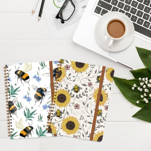 2Pcs Spiral Notebook, Bees College Ruled Spiral Notebook, Multi Subject Notebooks, 120 Ruled Pages Hardcover Journals for Writing Travel Business Office, Cute Notebooks for Women