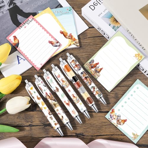 Wxiben Chicken Sticky Notes with Pens - 24 Pcs Cartoon Chicken Notepads Ballpoint Pens Bulk Farm Animals Notes Black Ink Pen Animal Lover Gifts for Women Men Study Office School Supplies Party Favor - color: Chicken
