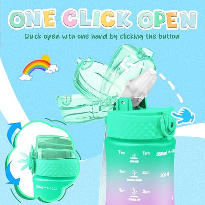 OLDLEY Kids Water Bottle for School, 12 oz (2 lids) BPA-Free Reusable Leak-proof Durable Tritan Plastic Water Bottles with Straw & Chug Lids, Anti-dust Spout Cover (Green Purple) - color: Green Purple, size: 12 Ounces