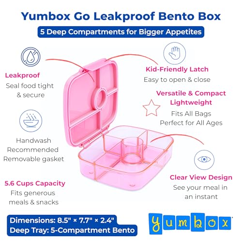 Yumbox Go Leakproof Bento Lunch Box, 5 Compartments, Sydney Pink | Deep Portioned Tray | Removable Silicone Gasket | Lightweight Design | Fits Most Lunch Bags | Food-Safe & BPA-Free - color: Sydney Pink