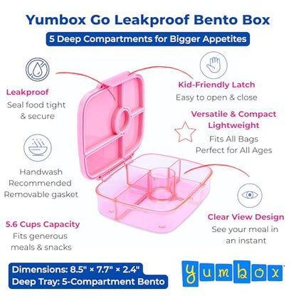 Yumbox Go Leakproof Bento Lunch Box, 5 Compartments, Sydney Pink | Deep Portioned Tray | Removable Silicone Gasket | Lightweight Design | Fits Most Lunch Bags | Food-Safe & BPA-Free - color: Sydney Pink
