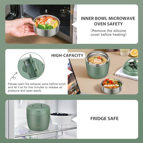 wiwens Thermo Food Jar for Hot Food Adults 32OZ Soup Thermo Lunch Containers Wide Mouth Vacuum Insulated Stainless Steel Leakproof Bento Box with Spoon (Green) - color: Green