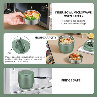 wiwens Thermo Food Jar for Hot Food Adults 32OZ Soup Thermo Lunch Containers Wide Mouth Vacuum Insulated Stainless Steel Leakproof Bento Box with Spoon (Green) - color: Green
