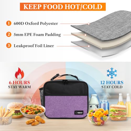 opux Insulated Lunch Bag for Kids, Reusable Lunch Box for School with Leakproof Lining, Compact Soft Cooler Tote for Boys & Girls, Front Pocket, Mesh Side Bottle Holder (Heather Purple) - color: Heather Purple