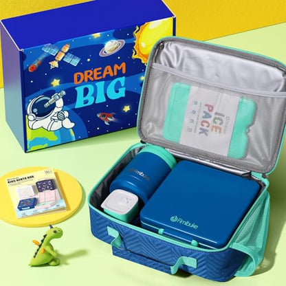 Fimibuke Kids Bento Snack Lunch Box with Thermo Insulated Toddler Lunch Bag | Lunch Box Kids with 4 Compartment, Food Jar, Ice Pack, Utensils, Birthday Gifts for Ages 3-12 Back to School Toddler Girl Boy - color: B1.Ink Blue