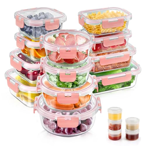 34pcs Glass Food Storage Containers with Lids Set, Airtight Glass Meal Prep Containers (17 Containers & 17 Lids), Leak Proof Lunch Container BPA-Free, Microwave, Oven, Freezer, Dishwasher Safe-PINK - color: PINK