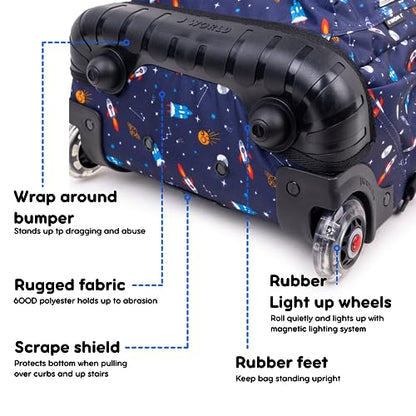 J World Lollipop Kids Rolling Backpack & Lunch Bag Set for Elementary School. Carry-On Suitcase with Wheels, Spaceship - color: Multicolor